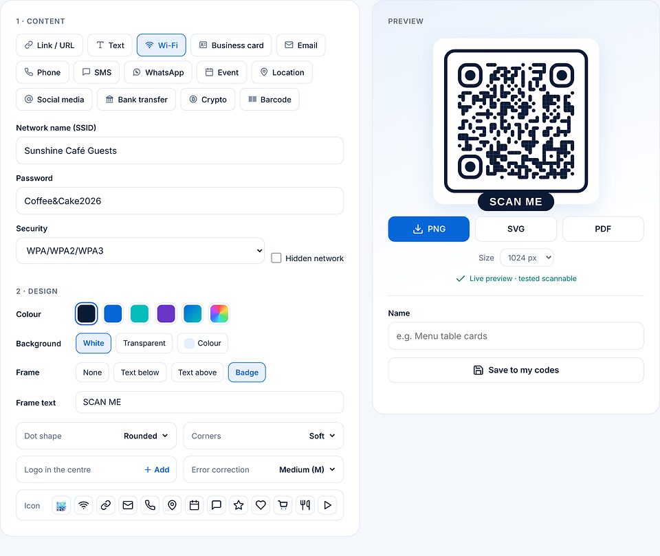 Wi-Fi 코드: 네트워크 이름 Sunshine Café Guests, 비밀번호와 암호화 WPA/WPA2/WPA3, SCAN ME가 있는 Badge 프레임.
